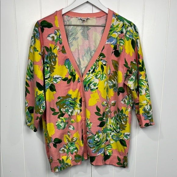 Isaac Mizrahi Womens Cardigan S/M Pink Yellow Floral 3/4 Sleeves Button Up Color - Picture 1 of 11
